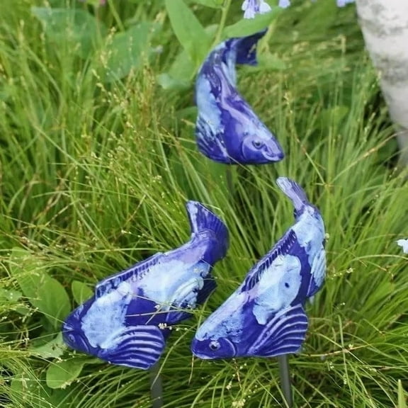 Kafsov Ceramic Koi Fish Set Garden Statues Add Color and Life to Your Landscape with These Unique Artistic Ornaments, Perfect for Any Occasion, All Weather Conditions, and Spaces Dark Blue