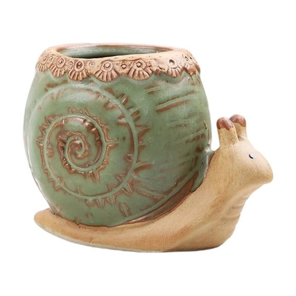 Kafsov Ceramic Snail Planter - Desktop Mini Flowerpot for Small Plants with Drainage Hole, Cute Desk Decor Green