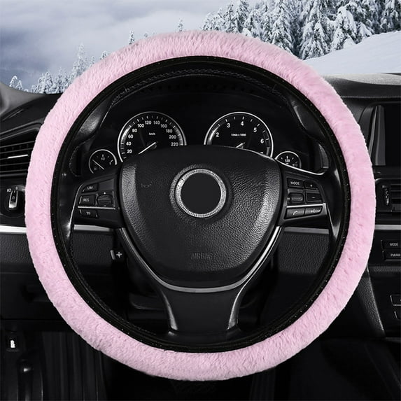 Kafsov Elastic Stretch Steering Wheel Cover with Soft Warm Plush Non-Slip Car Decoration, Universal Fits 14-15 Inches, Perfect for Winter - Easy Install, Safe and Breathable Mesh Fabric Pink