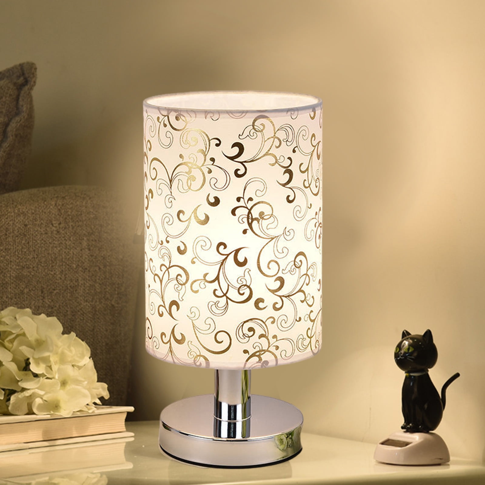 Kafsov Modern and Warm Bedside Lamp with Dimming Function, 7W, Silver Metal Body and Fabric