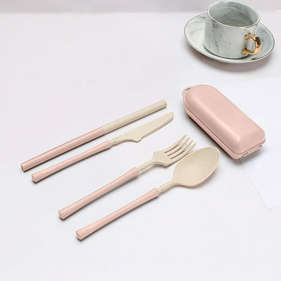 Kafsov Portable Reusable Whea-t Straw Utensils Set for Travel, Camping, Picnic and Daily Use - Include Spoon, Fork, Knife, Straw and Storage Case Pink