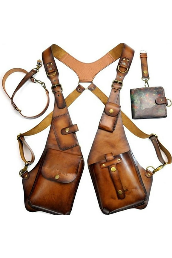 Steampunk Leather Strap Wallet - Adjustable Underarm Shoulder Bag for Men & Women - Anti-Theft Wallet Strap with Metal Buckle Closure Coffee