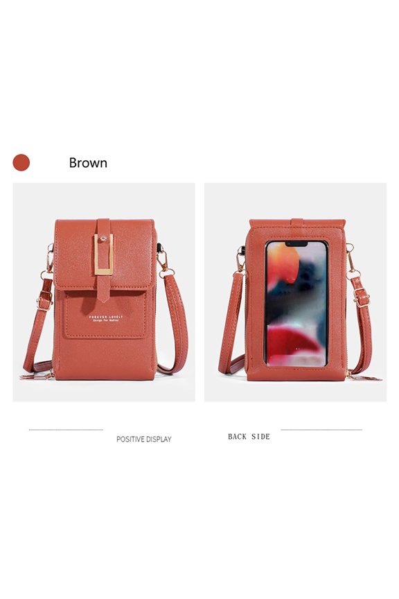 Women's Touchscreen Phone Bag, Mini Leather Crossbody Purse with Credit Card Slots and Clear Window brown