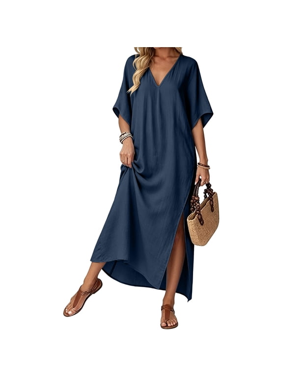 Kaftan Dress, Women Beach Cover Up Maxi Dress, Boho Dress V Neck Batwing Sleeve Split Long Loose Sundress Vacation Cruise Resort Wear Summer Outfit