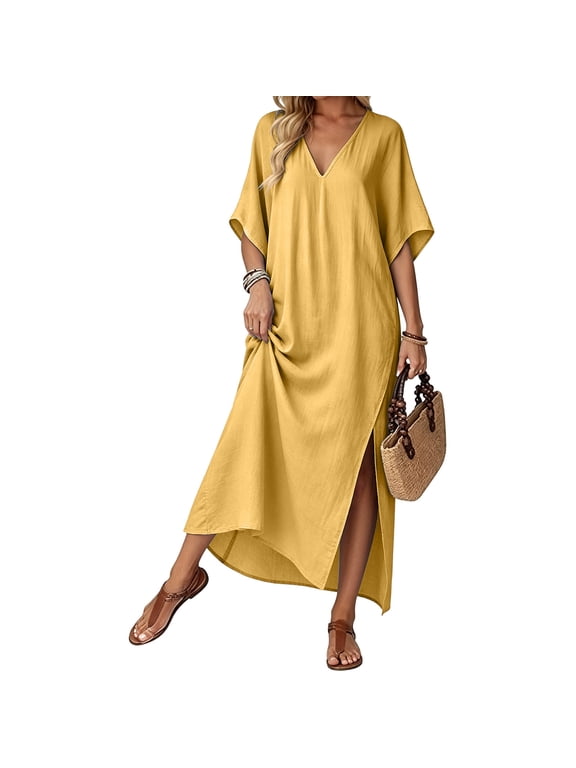 Kaftan Dress, Women Beach Cover Up Maxi Dress, Boho Dress V Neck Batwing Sleeve Split Long Loose Sundress Vacation Cruise Resort Wear Summer Outfit