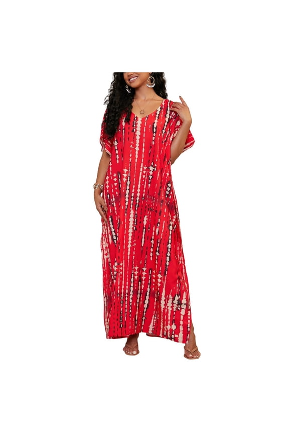 Kaftan Dress for Women Plus Size Bathing Suit Cover up Batwing Dress Loose fit mumu Dresses for Women Red One Size