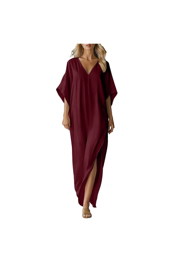 Kaftan Dresses for Women Cotton Linen Dresses Women Summer Casual V Neck Caftan Long Batwing Sleeve Moo Moos Loose Beach Vacation Swimsuit Cover Up Beach Swimwear 2026 Hawaiian Maxi Dress Loungewear