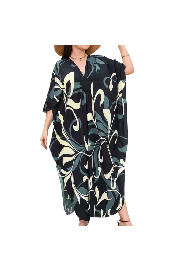 Kaftan Dresses for Women, Caftan Dresses for Women Plus Size Tropical Hawaiian Cover Ups Butterfly Abaya Loungewear Black One Size