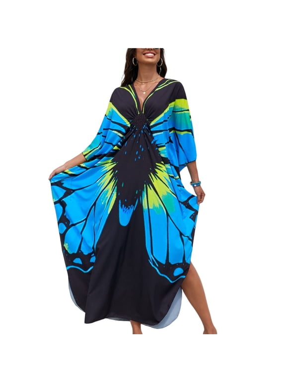 Kaftan Dresses for Women, Caftan Dresses for Women Plus Size Tropical Hawaiian Cover Ups Butterfly Abaya Loungewear Blue One Size