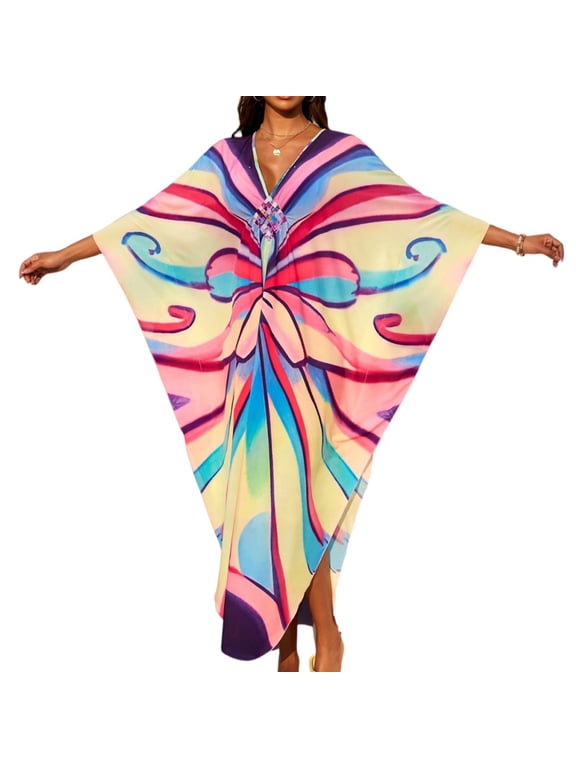 Kaftan Dresses for Women, Caftan Dresses for Women Plus Size Tropical Hawaiian Cover Ups Butterfly Abaya Loungewear Hot Pink One Size