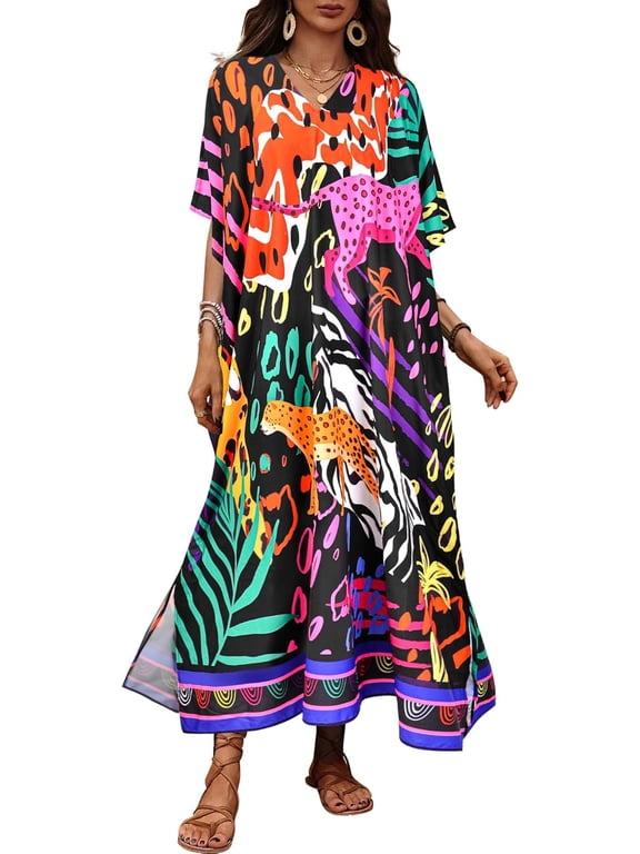 Kaftan Dresses for Women Floral Print Plus Size Moo Moos Caftans Swimsuit Cover up Caftan Maxi Beach Dress Loungewear Blue
