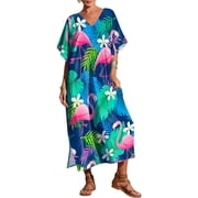 Kaftan Dresses for Women Floral Print Plus Size Moo Moos Caftans Swimsuit Cover up Caftan Maxi Beach Dress Loungewear Blue