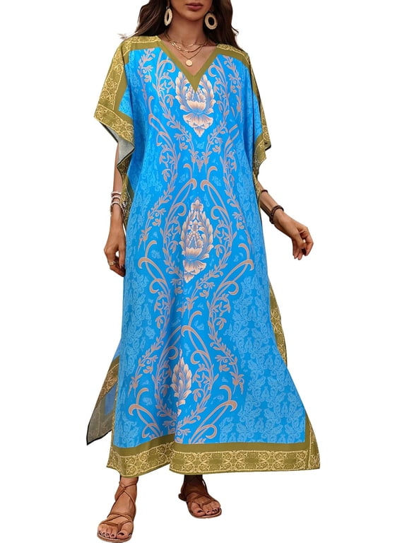 Kaftan Dresses for Women Floral Print Plus Size Moo Moos Caftans Swimsuit Cover up Caftan Maxi Beach Dress Loungewear Blue