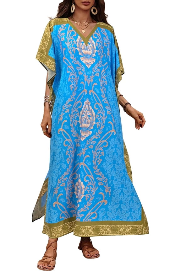 Kaftan Dresses for Women Floral Print Plus Size Moo Moos Caftans Swimsuit Cover up Caftan Maxi Beach Dress Loungewear Blue