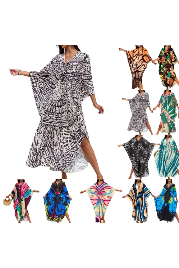 Kaftan Dresses for Women Plus Size V Neck Moomoo Caftan Batwing Sleeve Colorful Leopard Print Bathing Suit Beach Coverups Muumuu Plus Gray