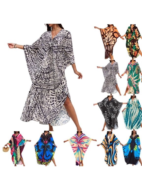 Kaftan Dresses for Women Plus Size V Neck Moomoo Caftan Batwing Sleeve Colorful Leopard Print Bathing Suit Beach Coverups Muumuu Plus Gray