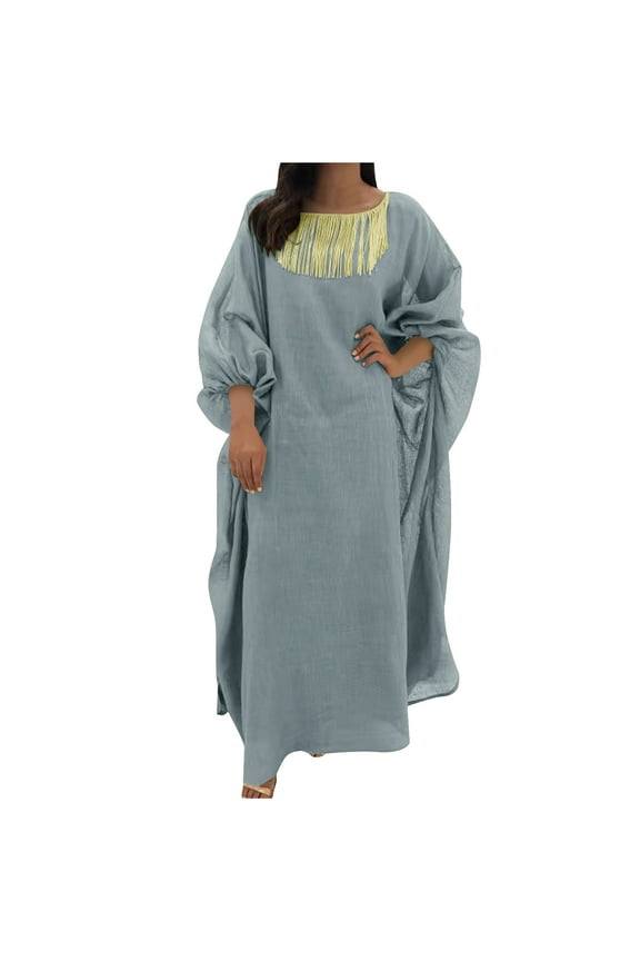 Kaftan Maxi Dress for Women Muslim Abaya Long Sleeve Loose Fit Modest Dress Embroidered Boho Robe Gown