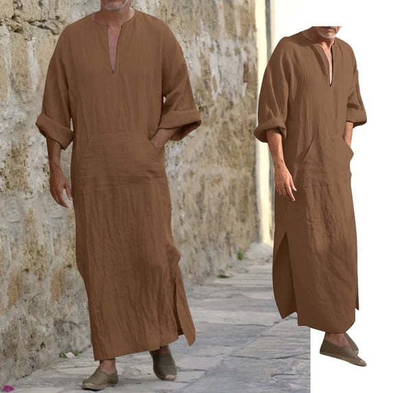 Kaftan Thobe For Men Casual Long Sleeve Mens Robe Long Button Down Collar Muslim Dress For Men Thobe