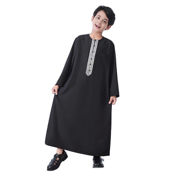 Kaftan Thobe for Boy Casual Long Sleeves Muslim Clothes Crew Neck Boys Robe Black Kaftan 4-5 Years