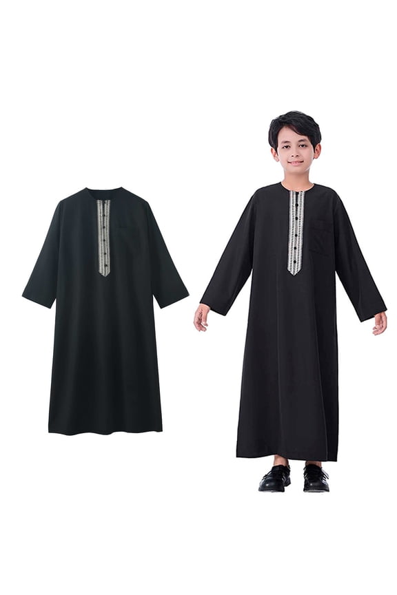 Kaftan Thobe for Boy Casual Long Sleeves Dress Crew Neck Kids Robes for Boys Black Thobe for Boy 4-5 Years