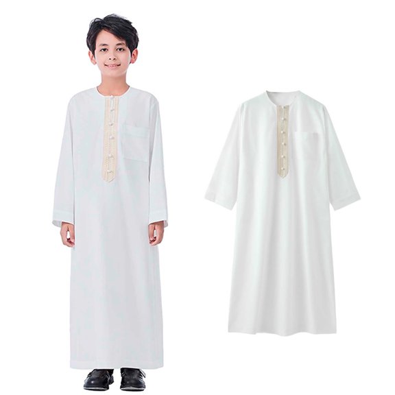 Kaftan Thobe for Boy Casual Long Sleeves Gown Shirt Crew Neck Kids Robes for Boys White Abaya 5-6 Years