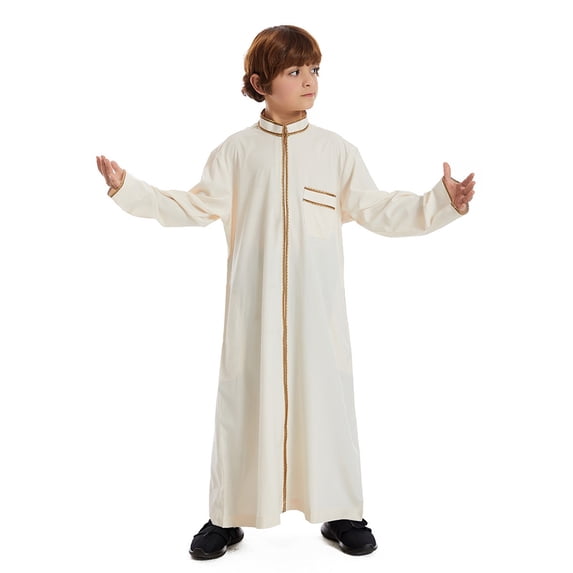 Kaftan Thobe for Boy Casual Long Sleeves Robe Crew Neck Kids Robe Beige Kaftan 3-4 Years