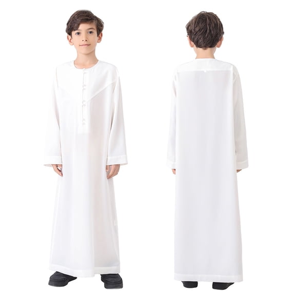 Kaftan Thobe for Boy Casual Long Sleeves Thobe Crew Neck Thobes White Thobe 13-14 Years
