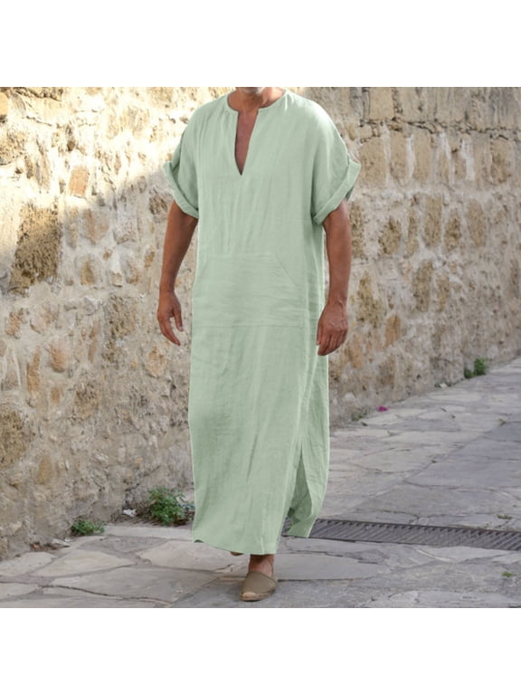 Kaftan Thobe for Men Casual Short Sleeve Summer Robes for Men V Neck Dress for Men Green Abaya