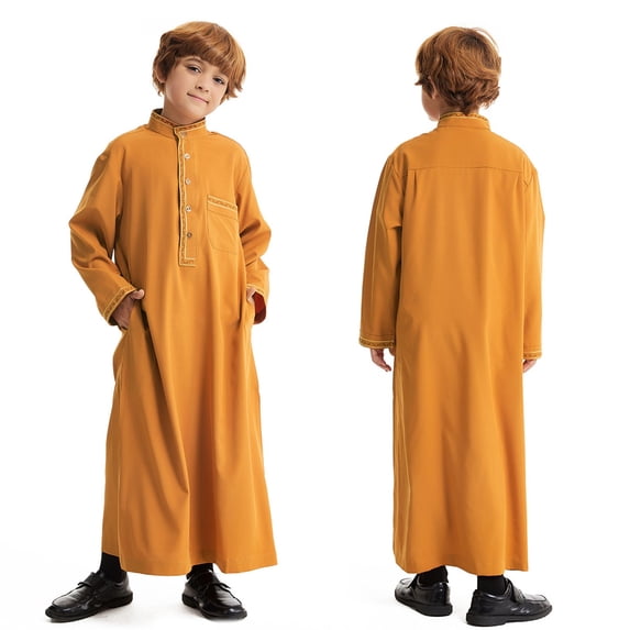 Kaftan for Boy Casual Long Sleeves Casual Muslim Gown Crew Neck Boys Robe Gold Robe Boy 13-14 Years