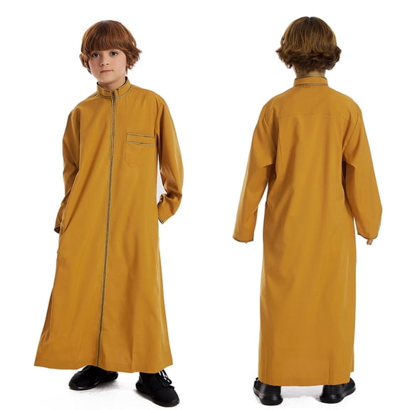Kaftan for Boy Casual Long Sleeves Clothes Crew Neck Thobes Gold Thobe 9-10 Years