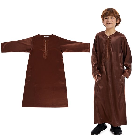 Kaftan for Boy Casual Long Sleeves Dress Crew Neck Thobes Coffee Thobe 5-6 Years