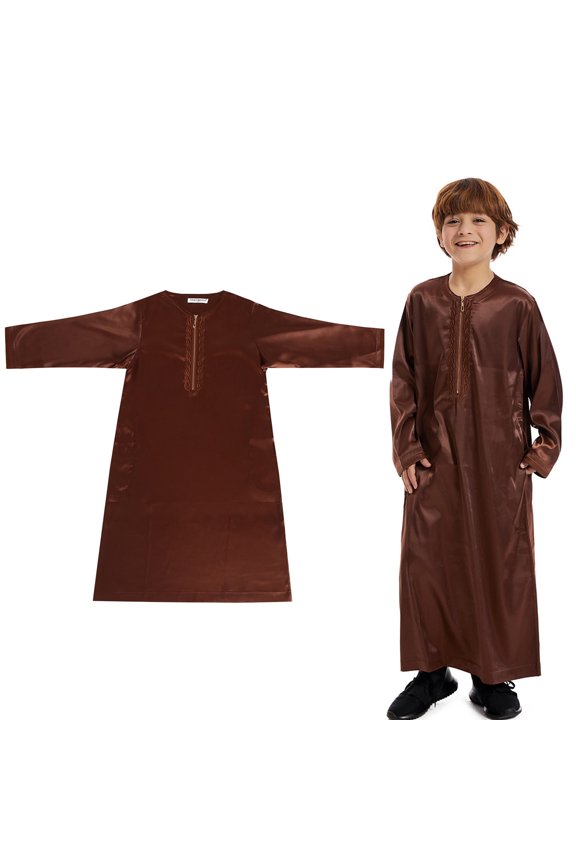 Kaftan for Boy Casual Long Sleeves Dress Crew Neck Thobes Coffee Thobe 5-6 Years