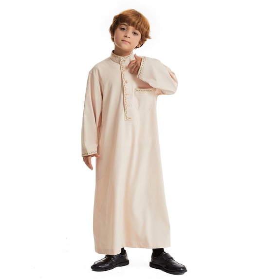 Kaftan for Boy Casual Long Sleeves Muslim Robe Crew Neck Kids Robe Beige Robe Boy 11-12 Years