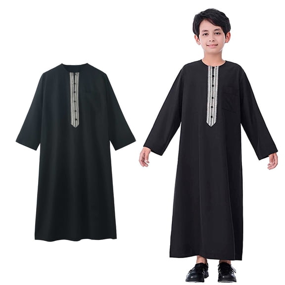 Kaftan for Boy Casual Long Sleeves Robe Crew Neck Kids Robe Black Robe 13-14 Years