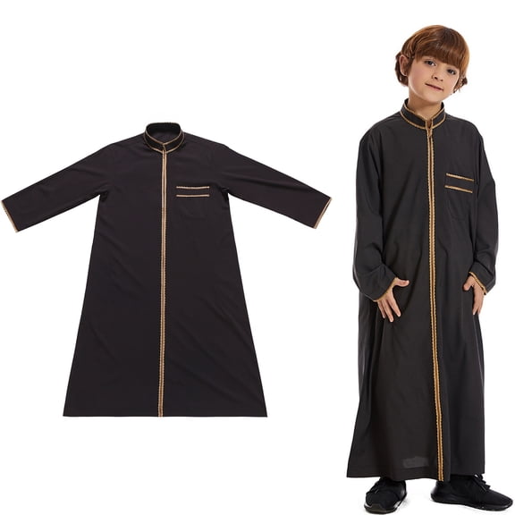 Kaftan for Boy Casual Long Sleeves Thobe Crew Neck Thobes Black Thobe 3-4 Years