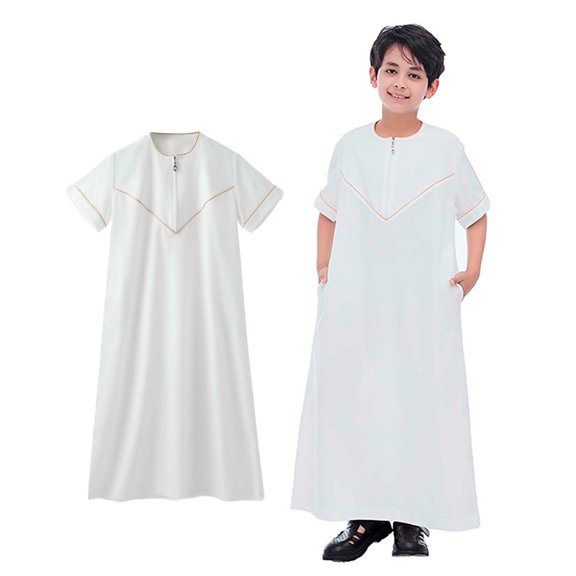 Kaftan for Boy Casual Short Sleeves Muslim Thobes Crew Neck Kids Robe White Robe Boy 7-8 Years