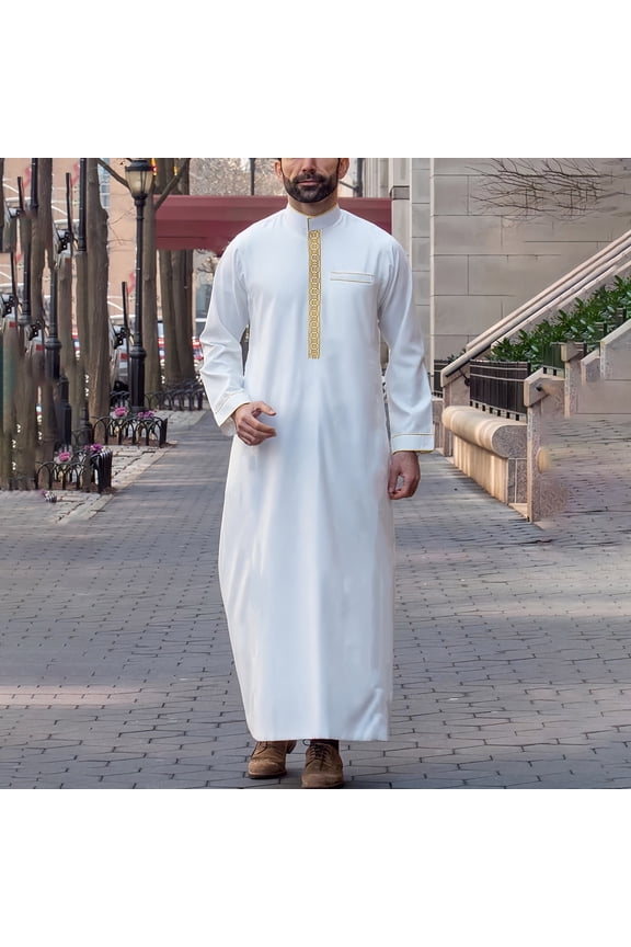 Kaftan for Men Casual Long Sleeve Mens Summer Robe Crew Neck Mens Muslim Clothing White Abaya