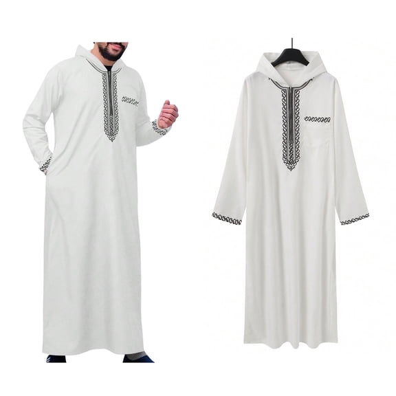 Kaftan for Men Casual Long Sleeve Mens Summer Robe Crew Neck Mens Thobe Muslim White Thobe for Men