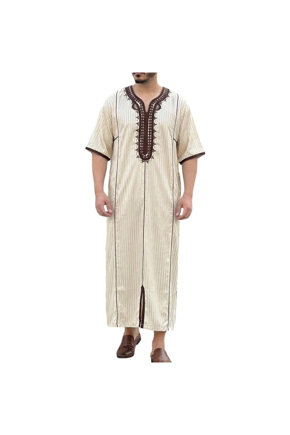 Kaftan for Men Casual Short Sleeve Mens Robe Long V Neck Gown Beige Abaya