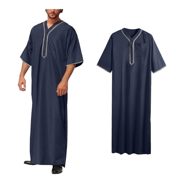 Kaftan for Men Casual Short Sleeve Summer Robes for Men V Neck Muslim Clothes for Men Navy Robe Men