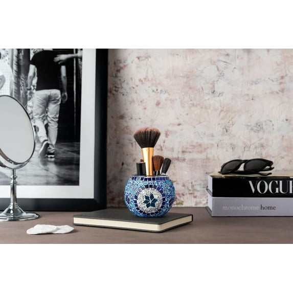 Kafthan Large Mosaic Candle Holder, Glass Tea Light Candle Holder, Handmade Votive Holder, Blue