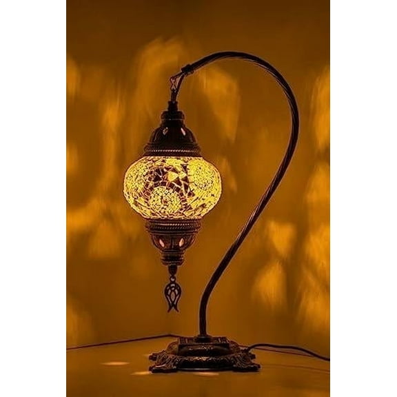 Kafthan - Turkish Handmade Mosaic Glass Table Lamp - Unique Custom Moroccan Swan Neck Lamp Shades - Decorative Globe Candelabra Room Decor Lantern Lamp - Desk Bedside Night Lamp -White Triple Circles