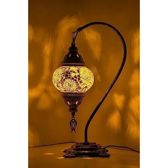 Kafthan - Turkish Handmade Mosaic Glass Table Lamp - Unique Custom Moroccan Swan Neck Lamp Shades - Decorative Globe Candelabra Room Decor Lantern Lamp - Desk Bedside Night Lamp -White Triple Circles