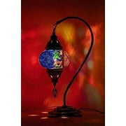 Kafthan - Turkish Handmade Mosaic Glass Table Lamp - Unique Custom Moroccan Swan Neck Lamp Shades - Decorative Globe Candelabra Room Decor - Desk Bedside Night Lantern Lamp - Red&Navy Central Circles
