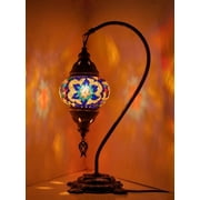 Kafthan - Turkish Handmade Mosaic Glass Table Lamp - Unique Custom Moroccan Swan Neck Lamp Shades - Decorative Globe Candelabra Room Decor - Desk Bedside Night Lantern Lamp - Red & Navy Center Star