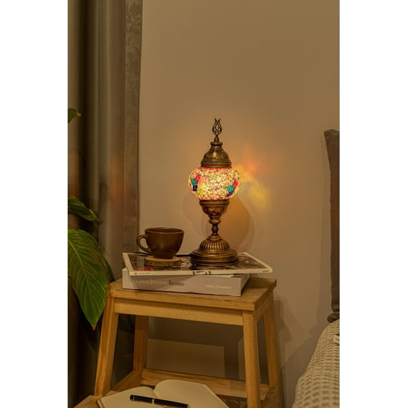 Kafthan Turkish Lamp w/ Plug-in Cord - Mosaic Stained Glass Table Lamp, Bedside Lightning - Victorian Boho Vintage Moroccan Lamp (Multicolor Flowers)