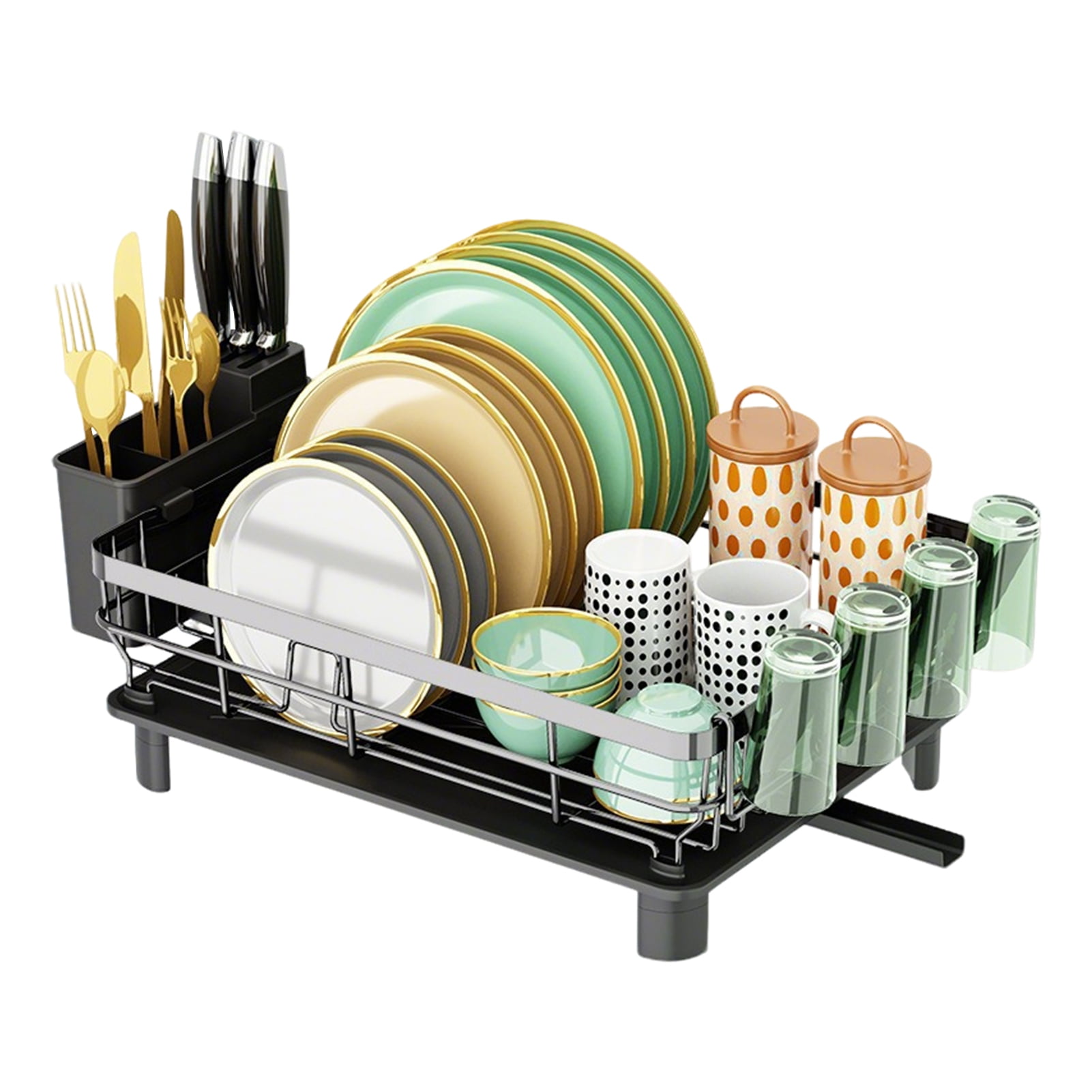 Black Carbon Steel Multi-Functional Dish Drying Rack with Utensil Holder