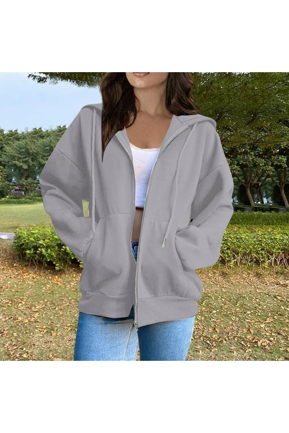 Jackets for Women Women's Casual Fashion Solid Color Long Sleeved Zippered Hooded Sweatshirt Womens Coats Light Gray XL