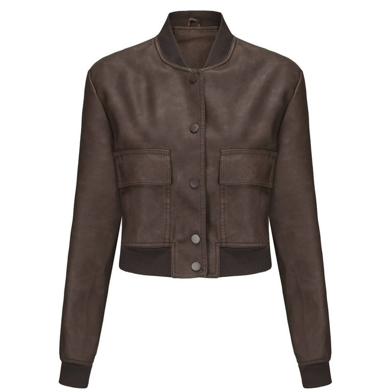 Kagetolytai Jackets for Women Women s Fashion Solid Colour Cardigan Casual Jacket Ribbed Shrink Leather Coat Jacket Jackets for Women Coffee M
