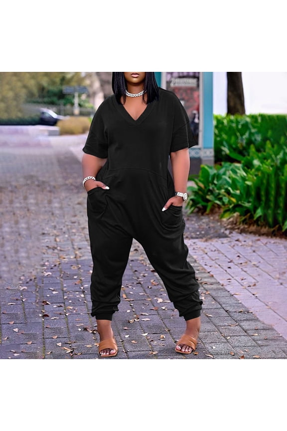 Jumpsuit for Women Plus Size Plus Size Womens Casual V Neck Short Sleeve Zipper Overalls with Pockets Wide Long Jumpsuits (S-5XL) Lounge Sets for Women Black 2XL
